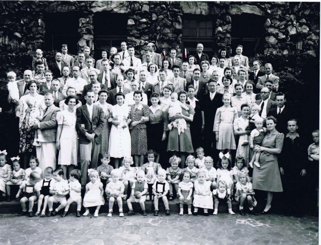 Grove Park Inn, 1942—diplomatic internees  (Hilde Mantel, 3rd from left, second row from bottom. Her parents are indicated with red markers toward middle back.)