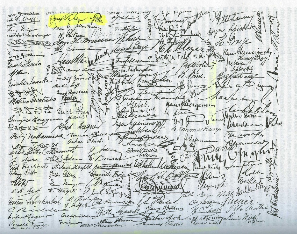 Copy of signatures of Guatemalan deportees, 1942. From S.S. Drottningholm, a Swedish ship used in exchanges of Latin American civilians to Germany (Joe Leber’s signature in yellow) — Los alemanes en Guatemala, 1828-1944, by Regina Wagner, Guatemala, 1996.