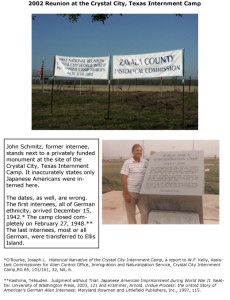 2 photos; first of banners proclaiming the reunion; second the first sign at the camp, a cube of granite, proclaiming, wrongly, that only Japanese Americans were held there