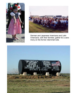 3 photos: child dressed in red, white, blue, with flags of Japan, Germany, and Italy in her hair; attendees at the ceremony; water tank with information about internment camp written on side