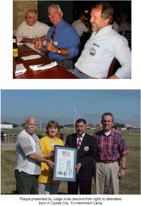 photo 1: former internees at party photo 2: Judge Avila presents plaque to attendees born in Crystal City, TX at the Internment Camp
