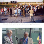 2 photos of former internees gathering around site of former pool for services