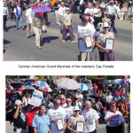 2 photos of former internees (collective Grand Marshals) walking in a Veterans' Day parade in Crystal City, TX in 2002