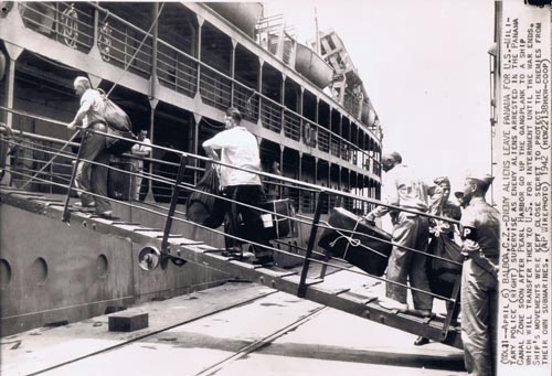 internees board ship in Panama, bound to U.S. for internment