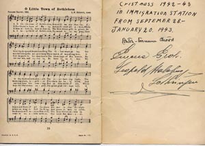 image of songbook with "Cristmass (sic) 1942-43 in Immigration Station from September 28-January 20, 1943" title and signatures