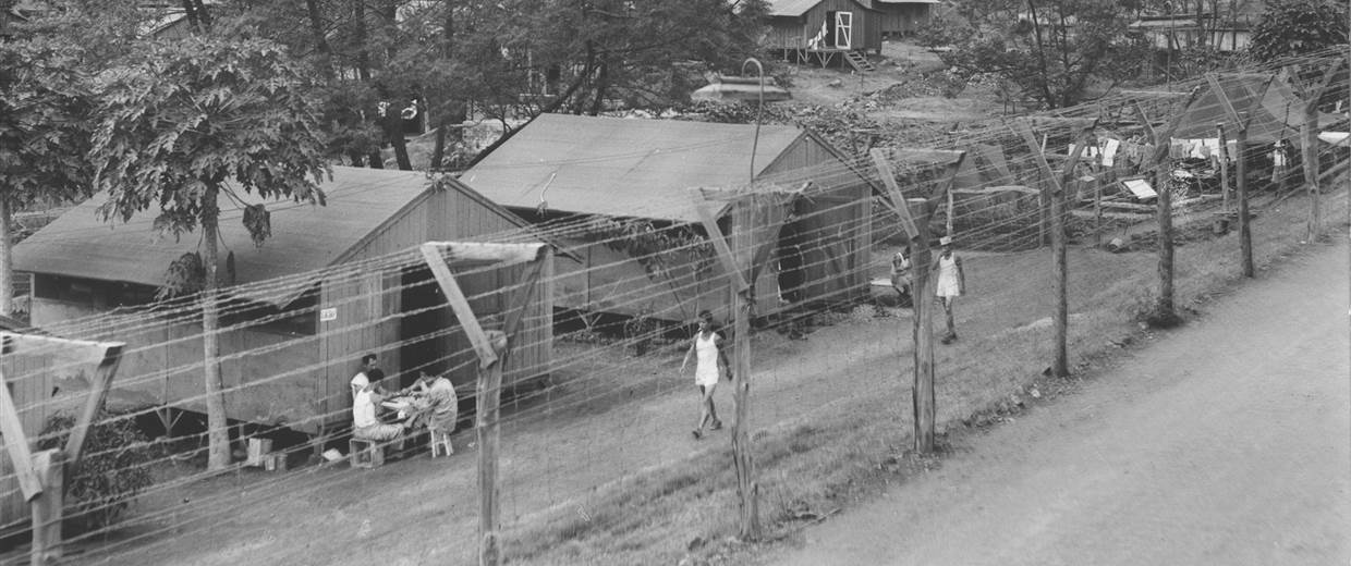 fence with buildings and people behind it