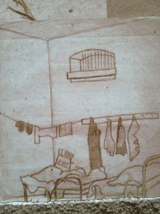 sketch of prison cell, with beds and clothes hung on pegs and clothes line