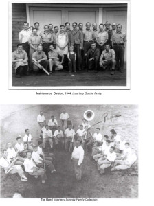 photo of maintenance division (men with one small boy in front) and photo of the band (men in white shirts, all with instruments)