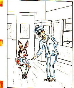 cartoon of Easter bunny, talking to guard about delivering Easter eggs to internees