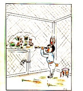 cartoon of Easter bunny, "interned", staring outside at rabbits with Easter eggs