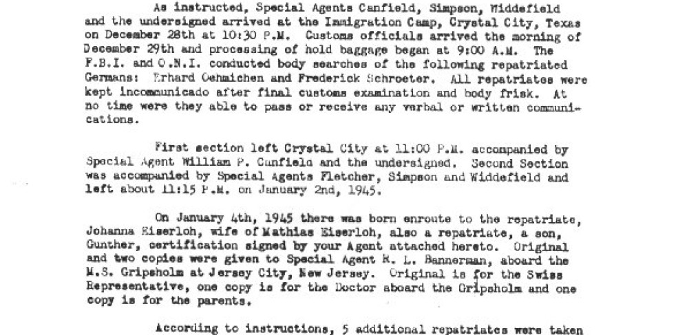 letter from FBI detailing transfer of prisoners from Crystal City to Gripsholm for repatriation and birth of Gunther Eiserloh on the train