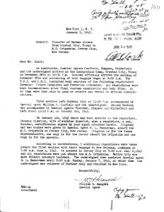 letter from FBI detailing transfer of prisoners from Crystal City to Gripsholm for repatriation and birth of Gunther Eiserloh on the train