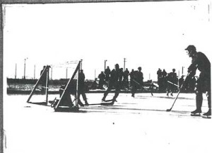 hockey at Ft. Lincoln; men on ice skates