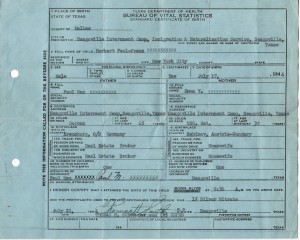 official, blue "standard certificate of birth" for Herbert Paul-Franz, in Seagoville, TX Internment Camp