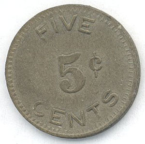 image of Immigration and Naturalization "internee canteen" coin-"five cents"