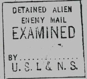 image of a "Detained Alien Enemy Mail Examined" stamp