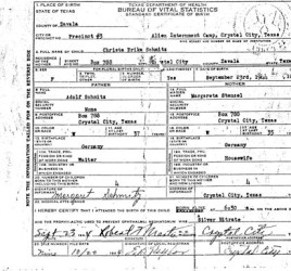 Standard Certificate of Birth for Christa Schmitz, born in Crystal City, TX internment camp