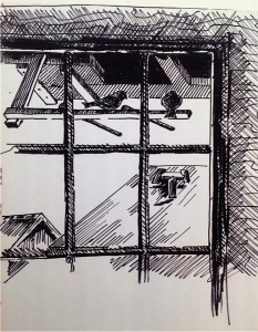 woodblock print of view out window; birds