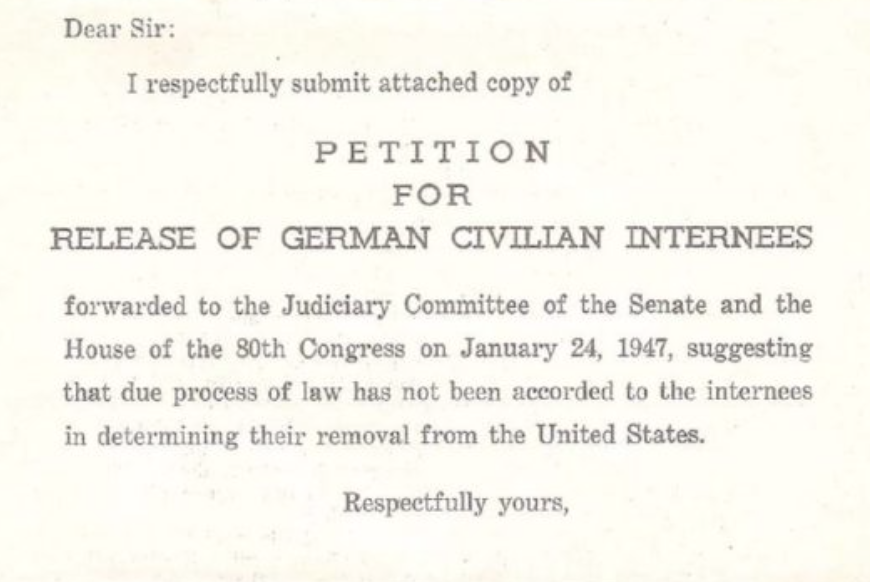 Ellis Island petition for release of German civilian internees